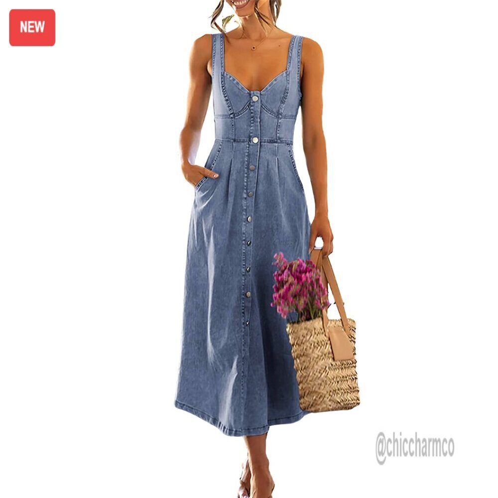 Stretchy Smocked Denim Midi Dress Sleeveless Button Down Babydoll Fit